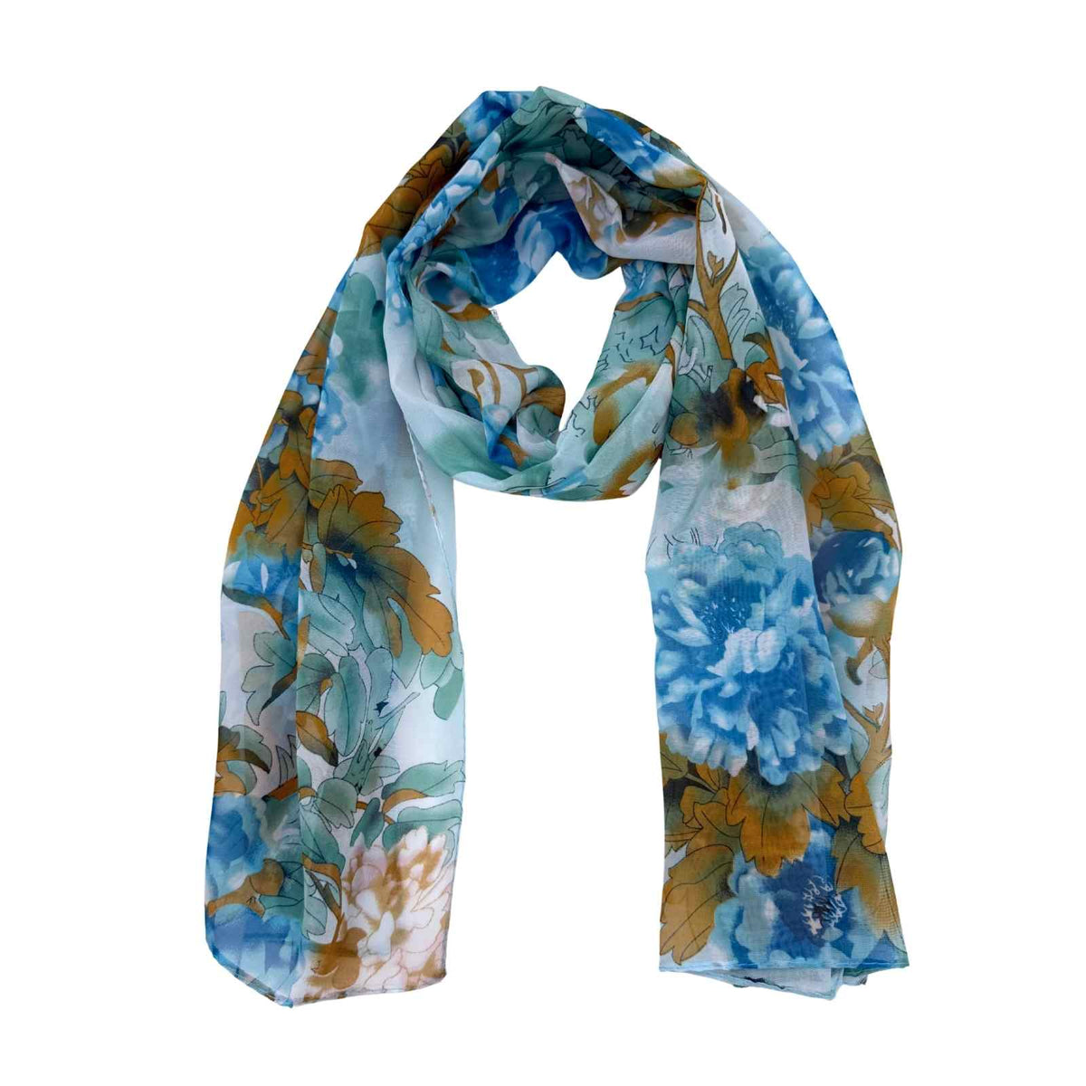 Jacaru 1694 Chiffon Scarf - Turquoise, Brown & Aqua Flowers