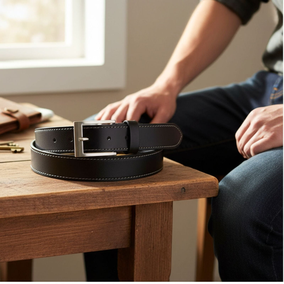 Jacaru 6014 Stitched Leather Belt Black 35mm