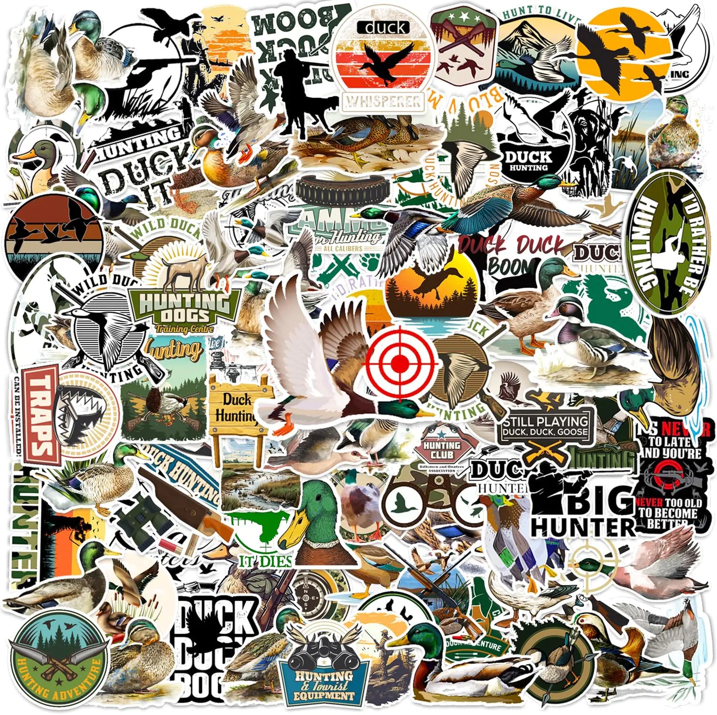 100Pcs Duck Hunting Stickers Go Hunting Camo Adventure Vinyl Waterproof Sticker Decals for Water Bottle Helmet Laptop Phone Skateboard Car Bumper Gifts for Hunting Birthday Party Supplies