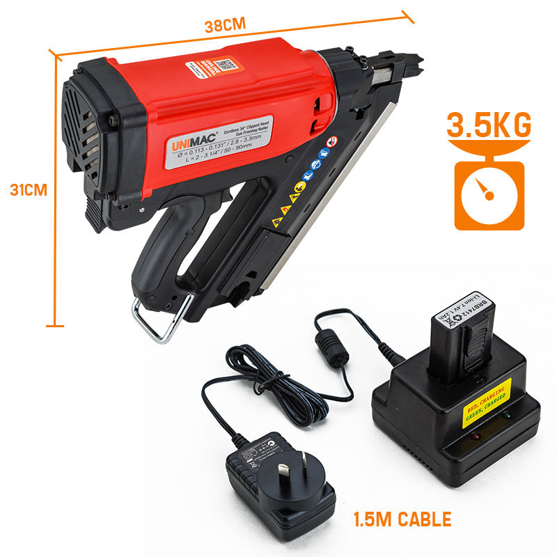 UNIMAC LXG3000 50-90mm 34-Deg Cordless Gas Framing Nail Gun, Commercial Gas Nailer, with 2 Li-Ion Batteries