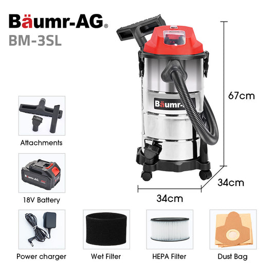 BAUMR-AG 30L Cordless Wet & Dry Vacuum Cleaner Kit, with 4Ah battery and Charger, Blower, HEPA Filter, Accessories, Stainless Steel, for Car, Home, Garage