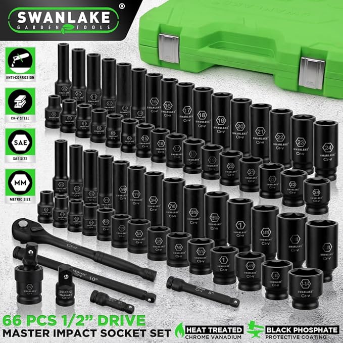 SWANLAKE 1/2" Drive Impact Socket Set, 66-Piece Standard SAE (3/8"-1-1/4") and Metric (8-24mm) Size, 6 Point, Cr-V, 1/2-Inch Drive Ratchet Handle, Drive Extension Bar, Impact Universal Joint