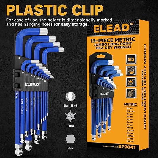 ELEAD Jumbo Hex Key Allen Wrench Set | 13-Piece Metric 2-19mm | Long Ball End Durable CR-V | Automotive | Mechanic | Furniture | Professional Grade Tools