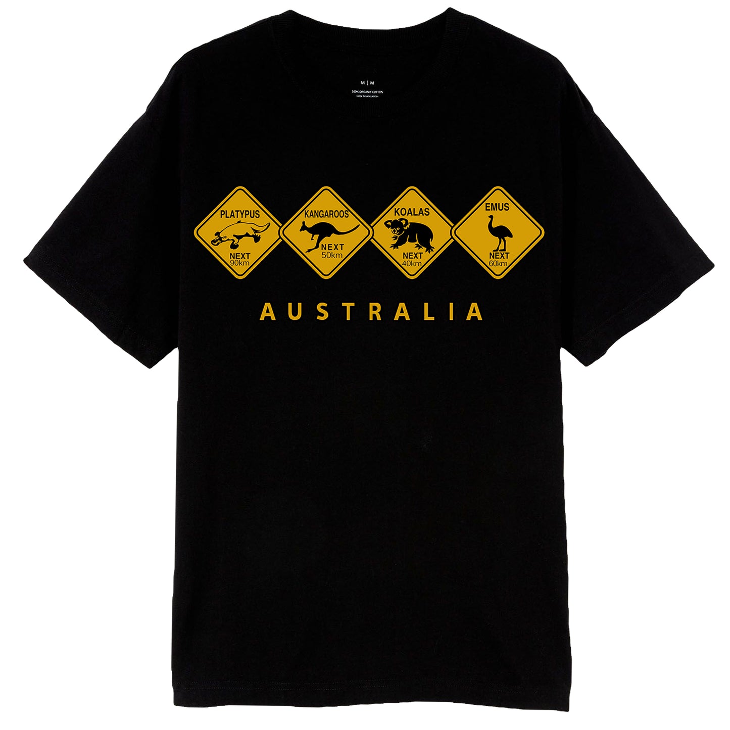 Adult Unisex 100% Cotton T Shirt Australia Wildlife Road Sign Souvenir Tee Tops, Black, M
