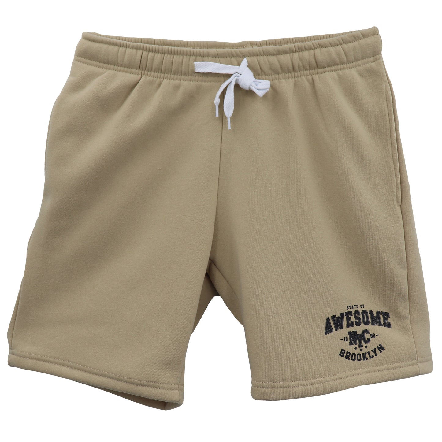 Men's Fleece Shorts Casual Sports Sweat Pants w Elastic Waist Drawstring Pockets, Beige, 2XL