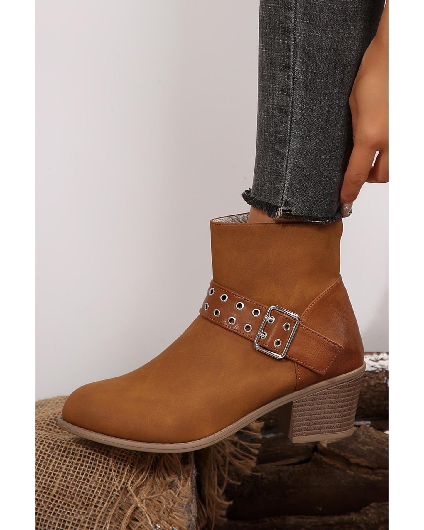 Chestnut Eyelet Buckled Chunky Heel Faux Leather Ankle Boots - 38 EU