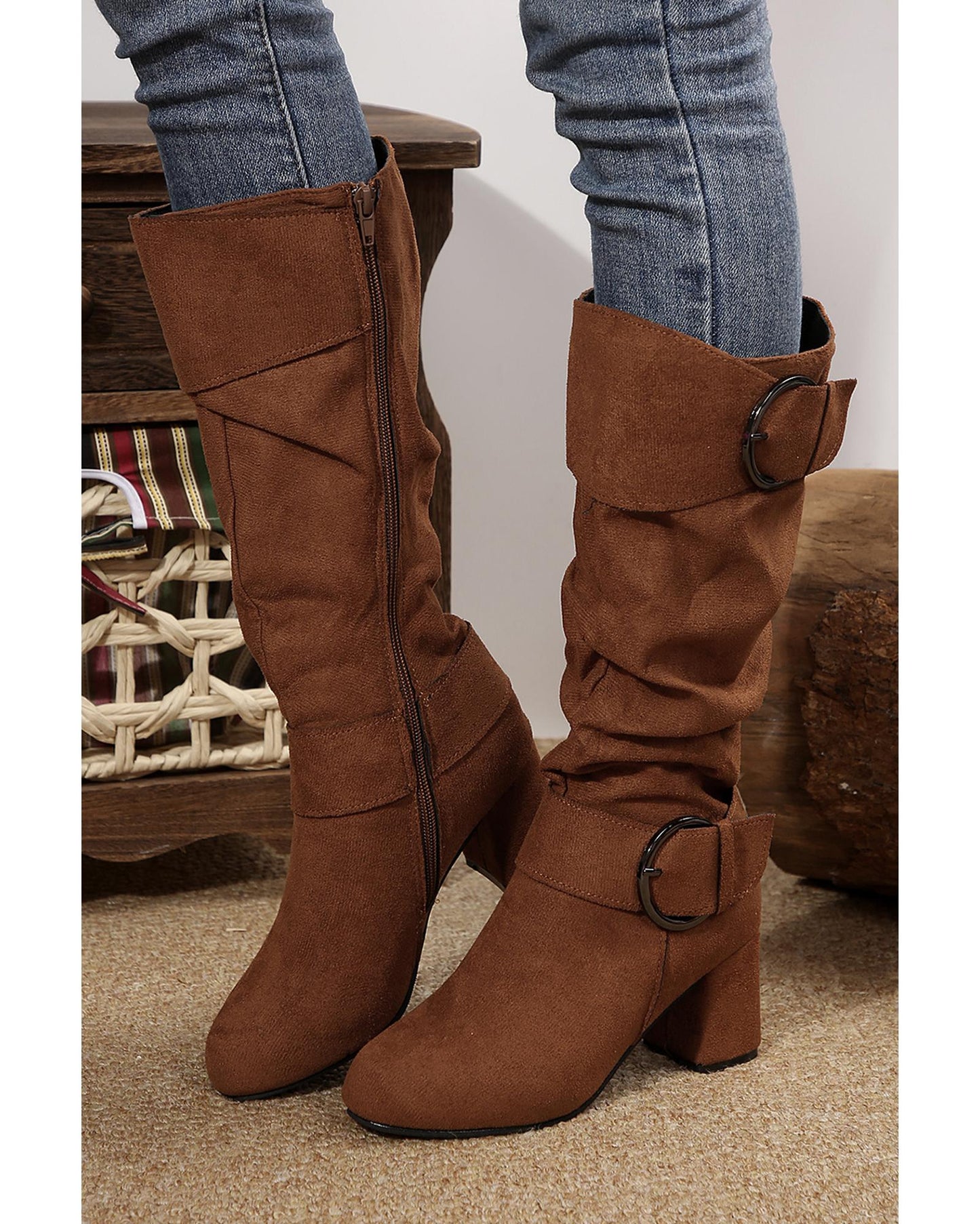 Coffee Suede Double Buckled Side Zipped Mid-calf Boots - 39 EU