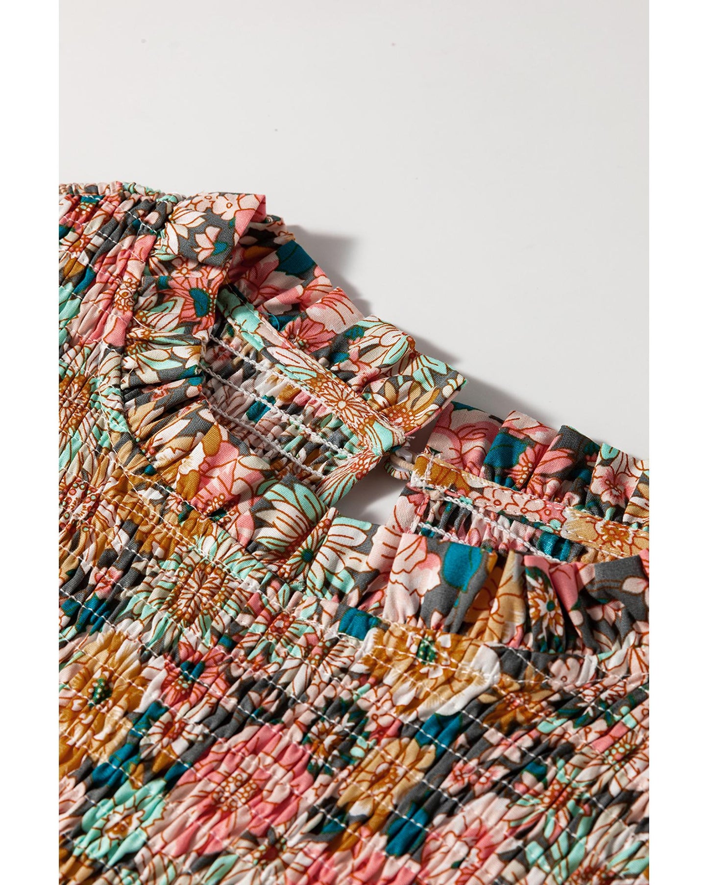 Yellow Floral Print Smocked Bubble Sleeve Ruffled Crop Top - L