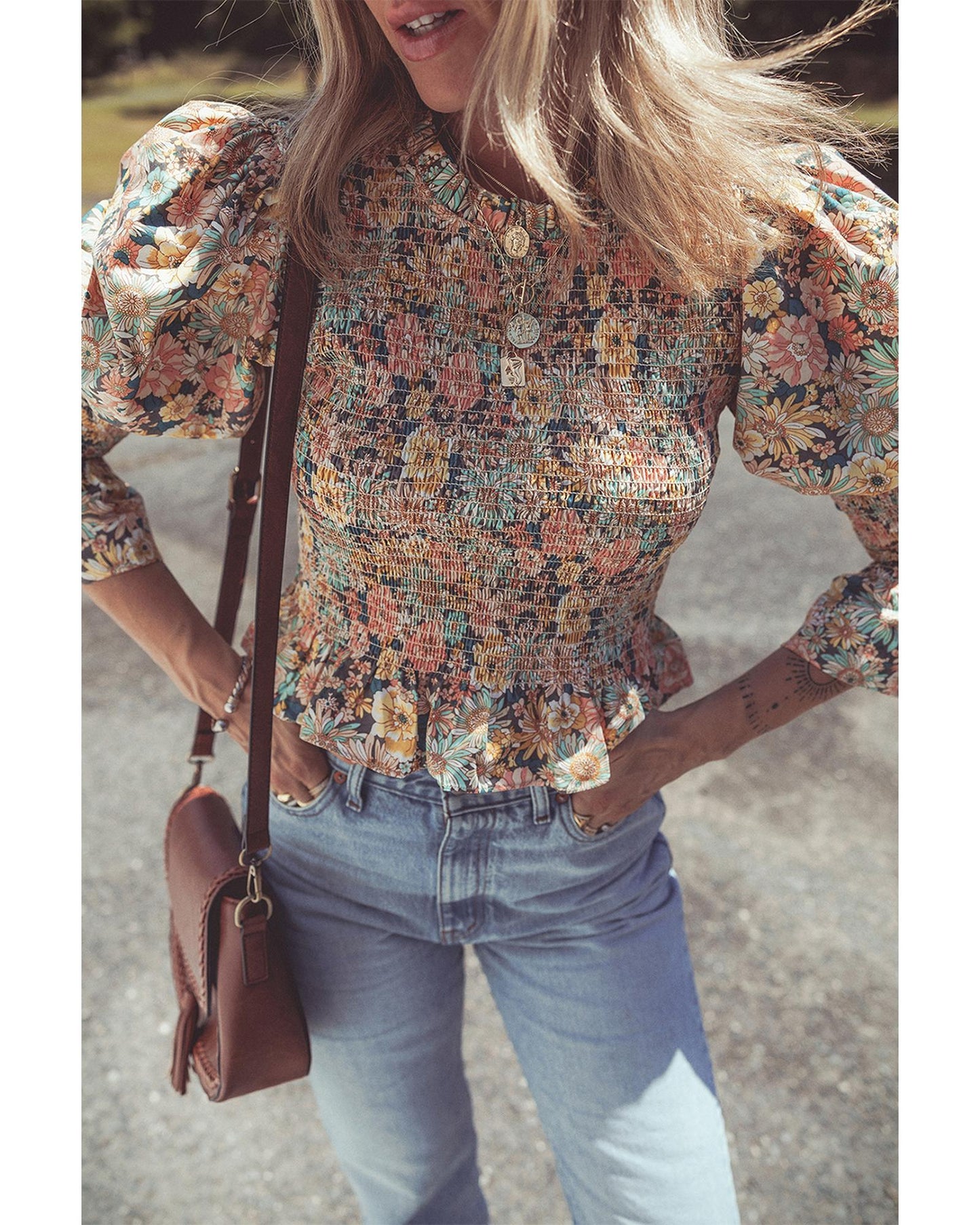 Yellow Floral Print Smocked Bubble Sleeve Ruffled Crop Top - M