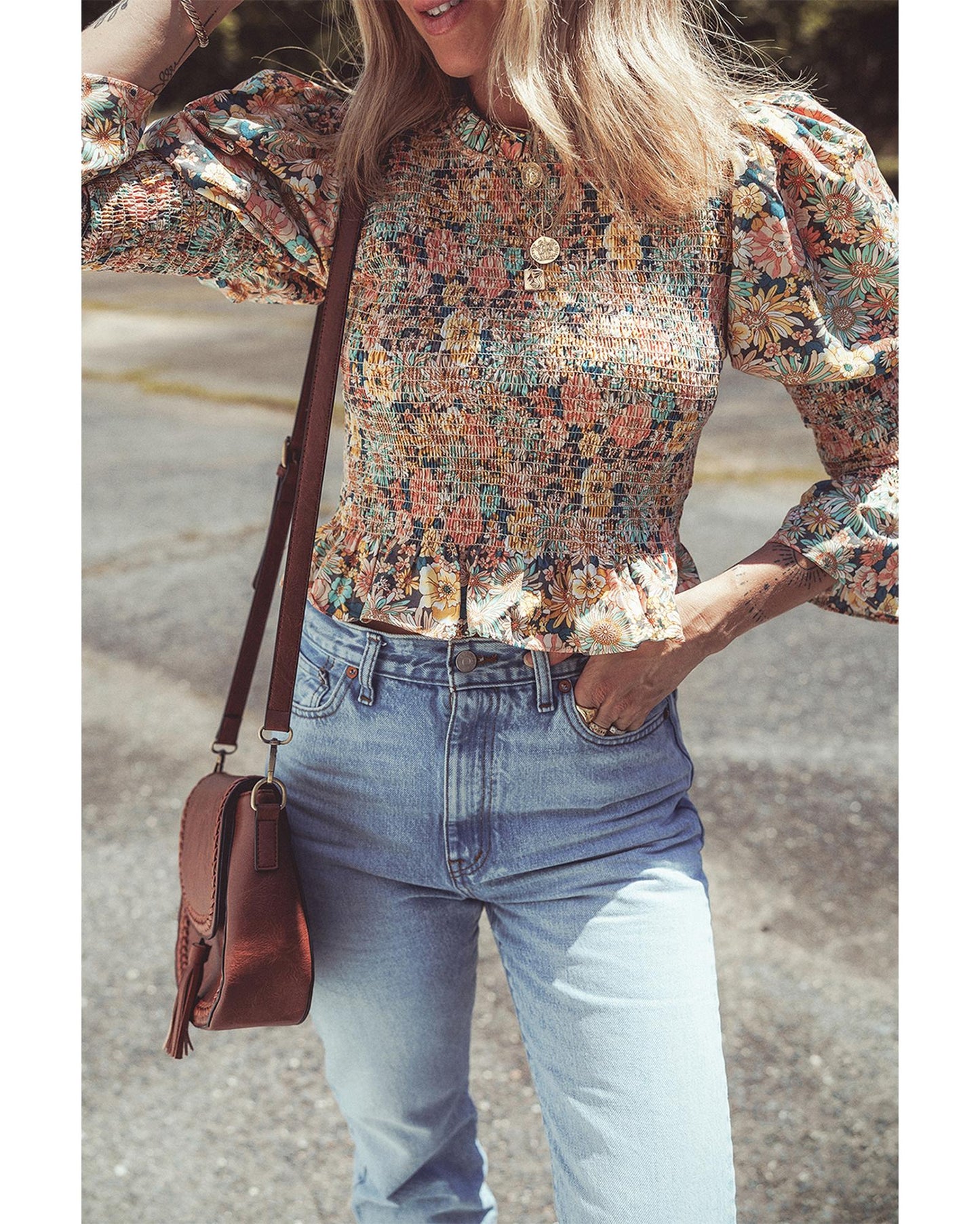 Yellow Floral Print Smocked Bubble Sleeve Ruffled Crop Top - M