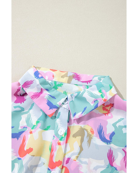 White Colorful Horse Printed Long Sleeve Button Up Casual Shirt - S