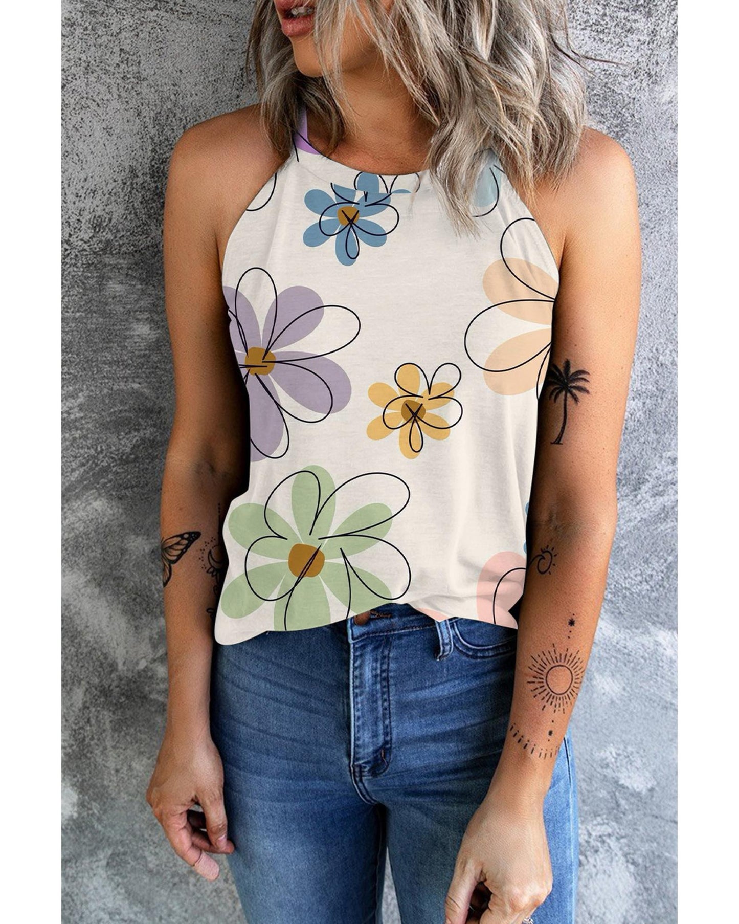 Beige Sweet Floral Tank Top - M
