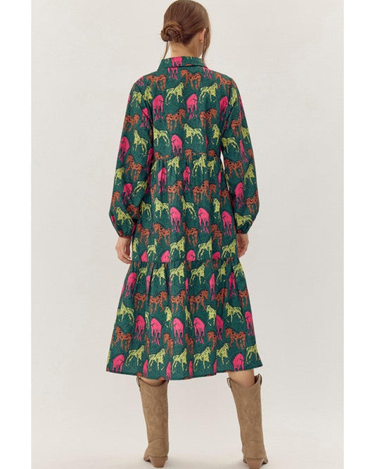 Green Horse Printed Long Sleeve Collared Buttoned Plus Size Midi Dress - 1X