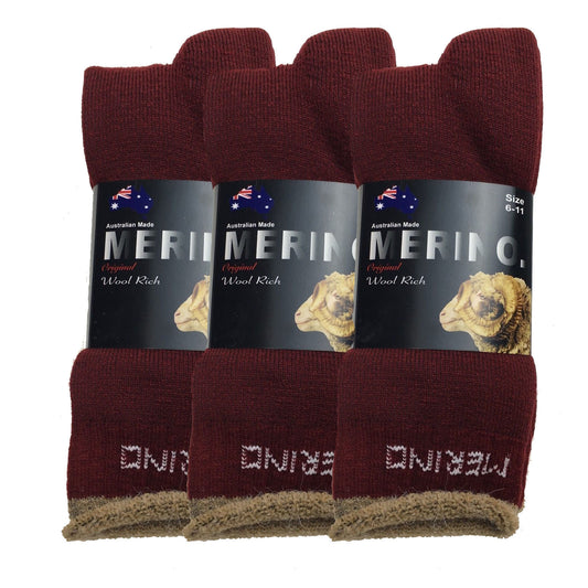 3 Pairs MERINO WOOL SOCKS Mens Heavy Duty Premium Thick Work Socks Cushion - Burgundy - 6-11