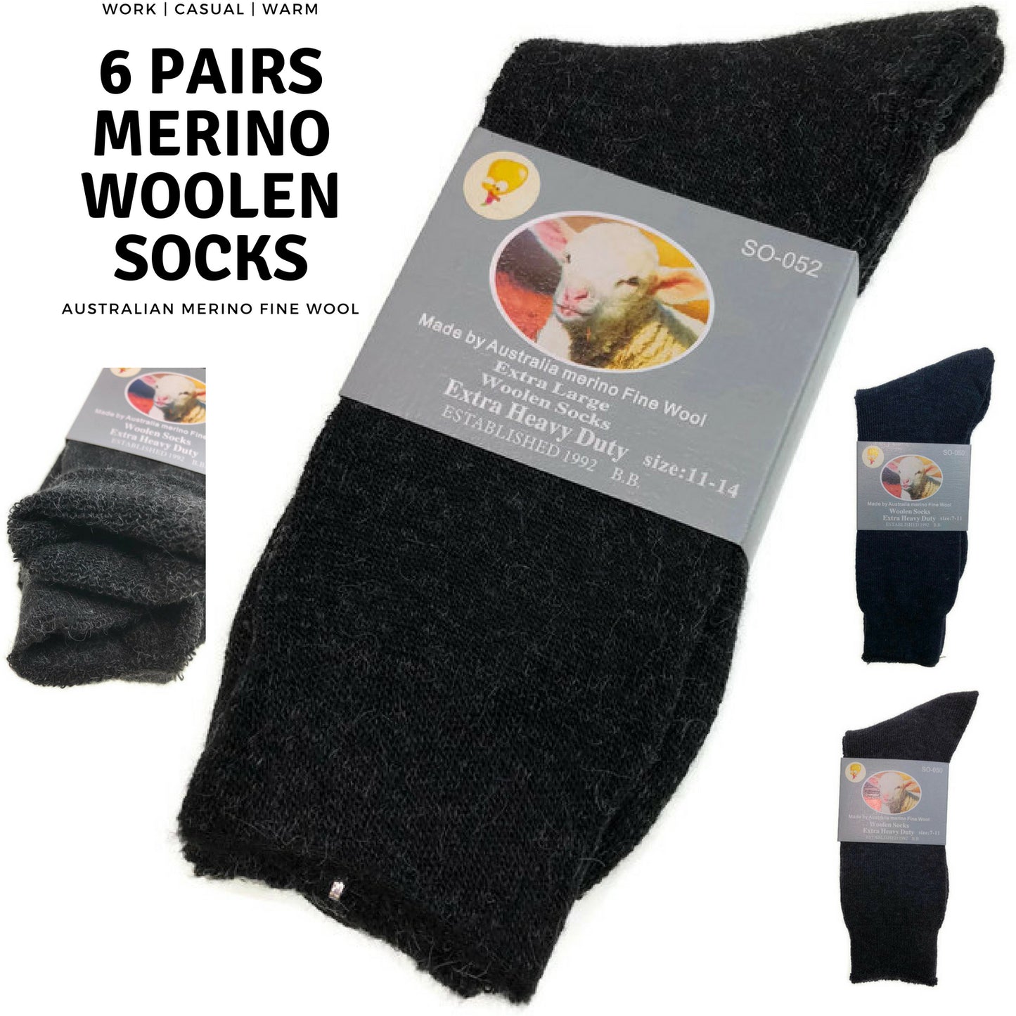 6 Pairs Merino Wool Blend Woolen Work Socks Hiking Heavy Duty Warm Thermal Bulk - Navy - 11-14