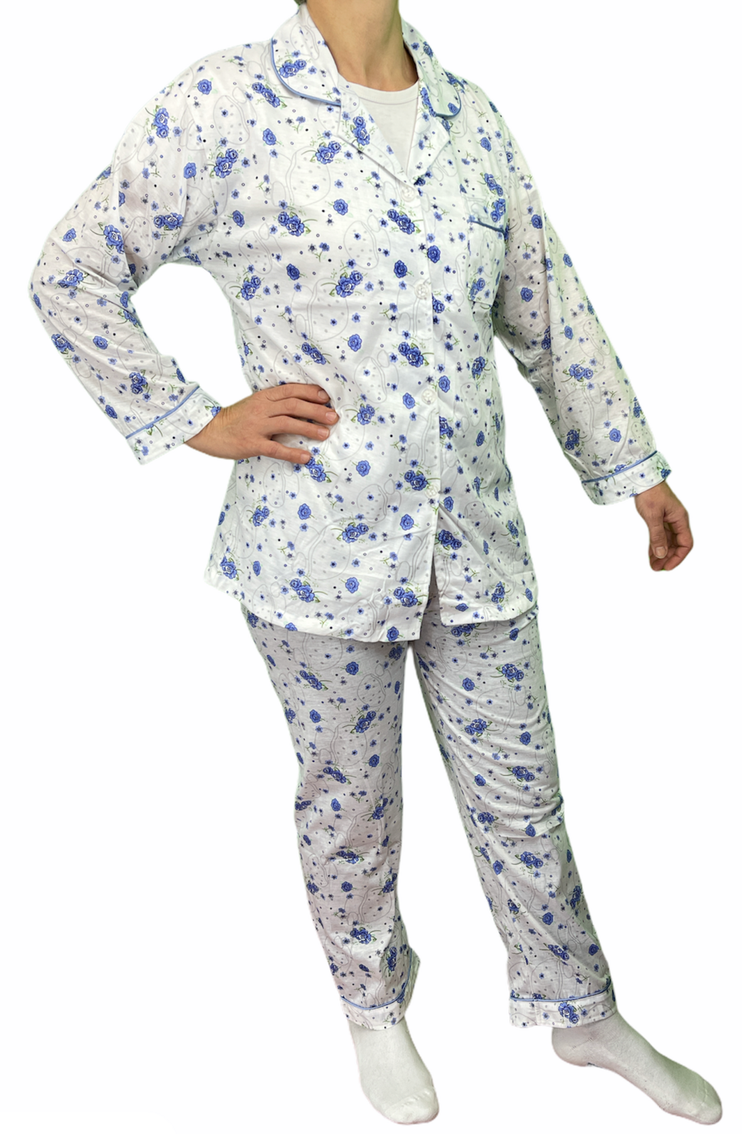 Womens PYJAMAS PJs Set Pajamas Ladies Cotton PJ Womens Long Sleeve Sleepwear - Blue - 12