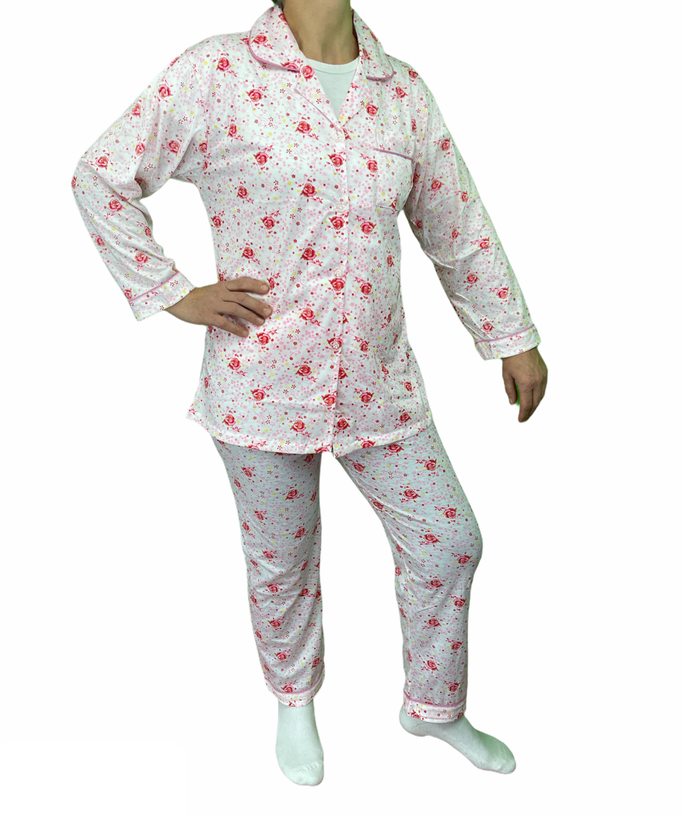 Womens PYJAMAS PJs Set Pajamas Ladies Cotton PJ Womens Long Sleeve Sleepwear - Pink - 20