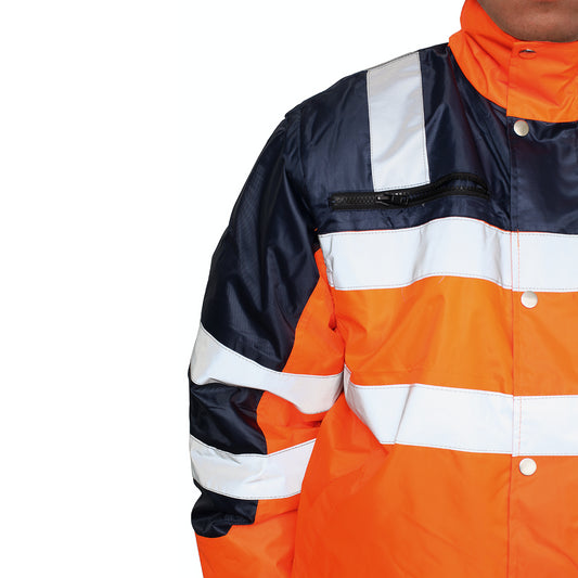 3-in-1 Hi Vis Quilted Safety Bomber Jacket Waterproof Reflective Workwear - Orange/Navy - L