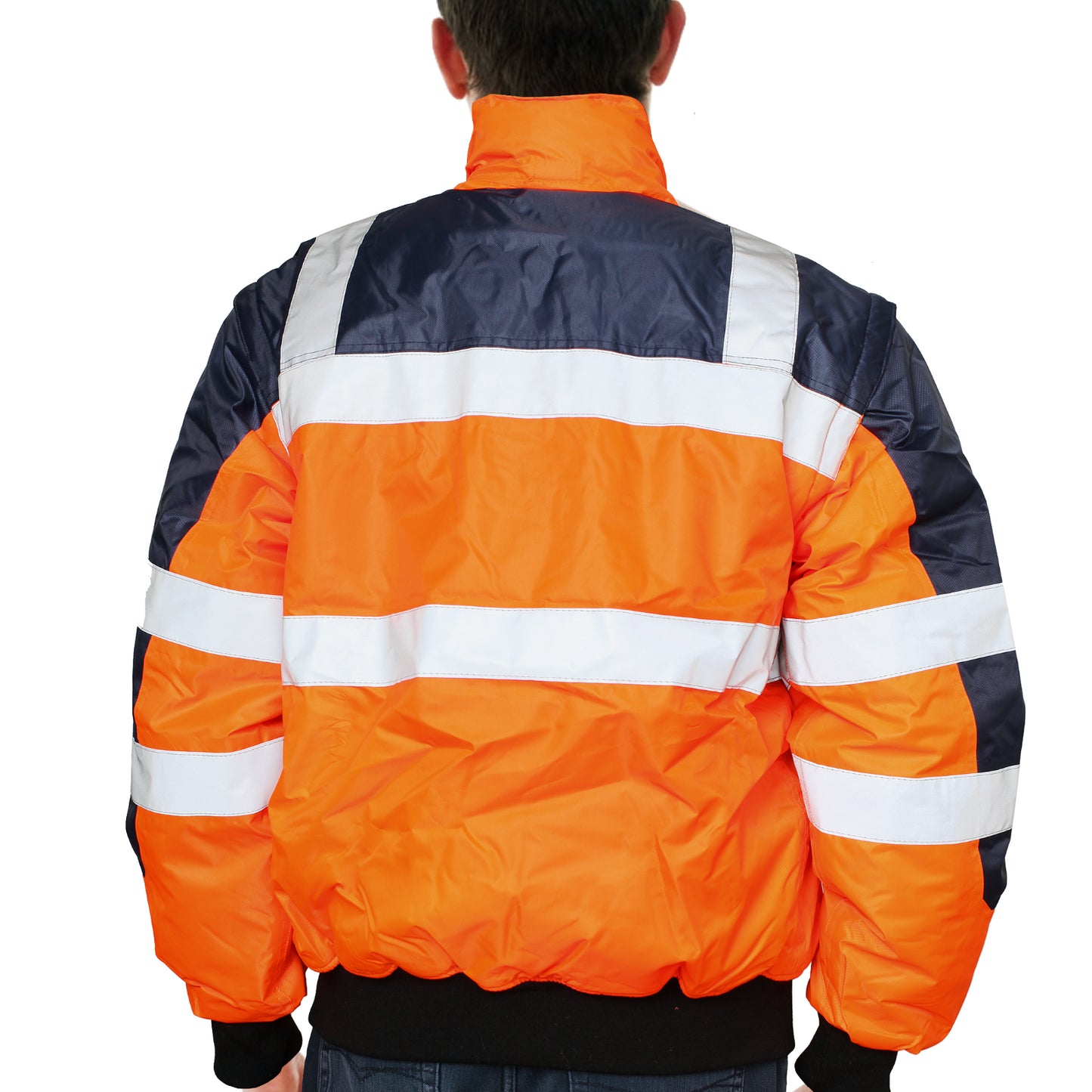 3-in-1 Hi Vis Quilted Safety Bomber Jacket Waterproof Reflective Workwear - Orange/Navy - L