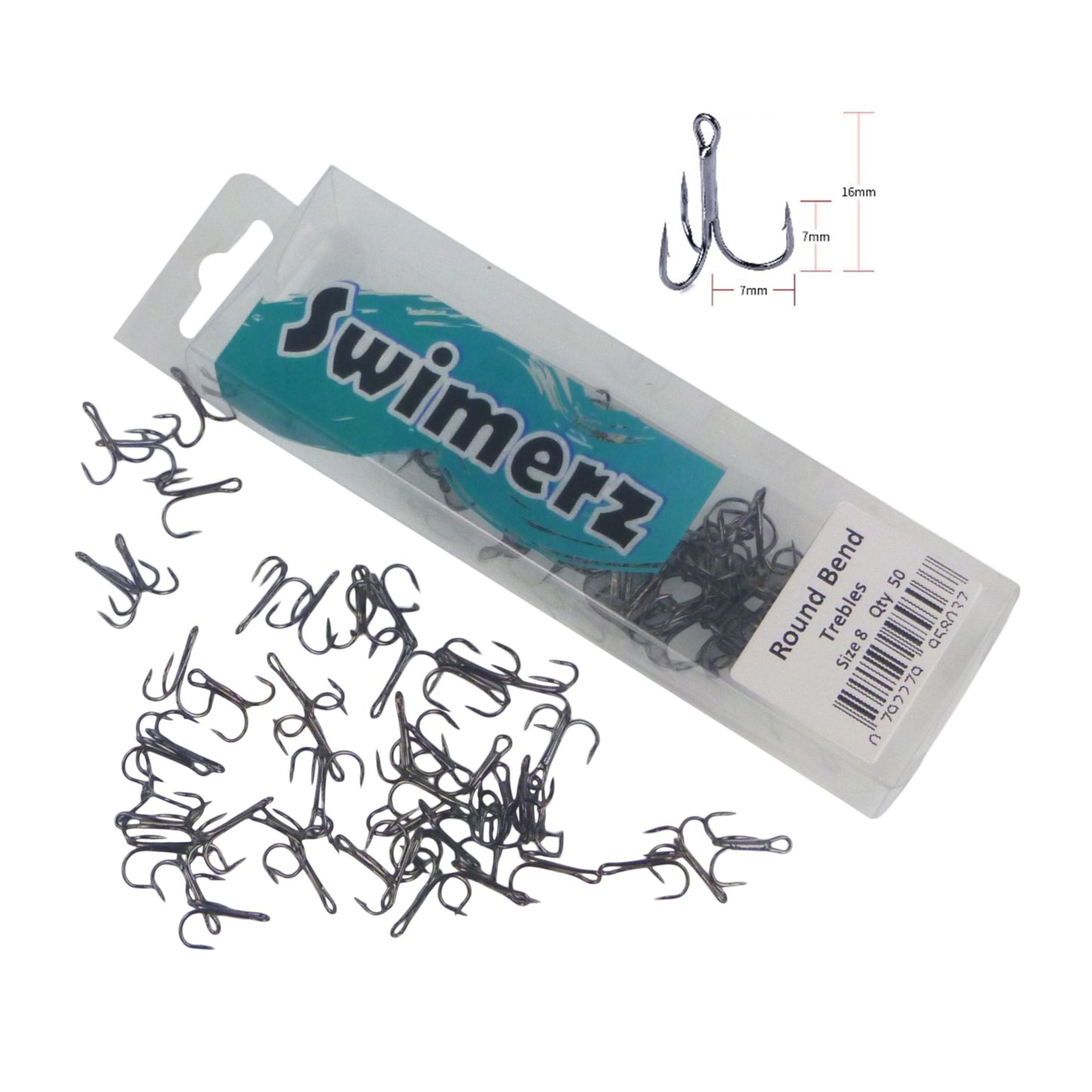 Swimerz Round Bend Trebles Size 8, 50 pack