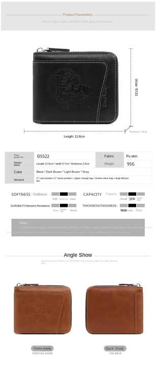 Grey Men's PU Leather Wallet with Zipper and Horse Embossed Design - Compact and Stylish