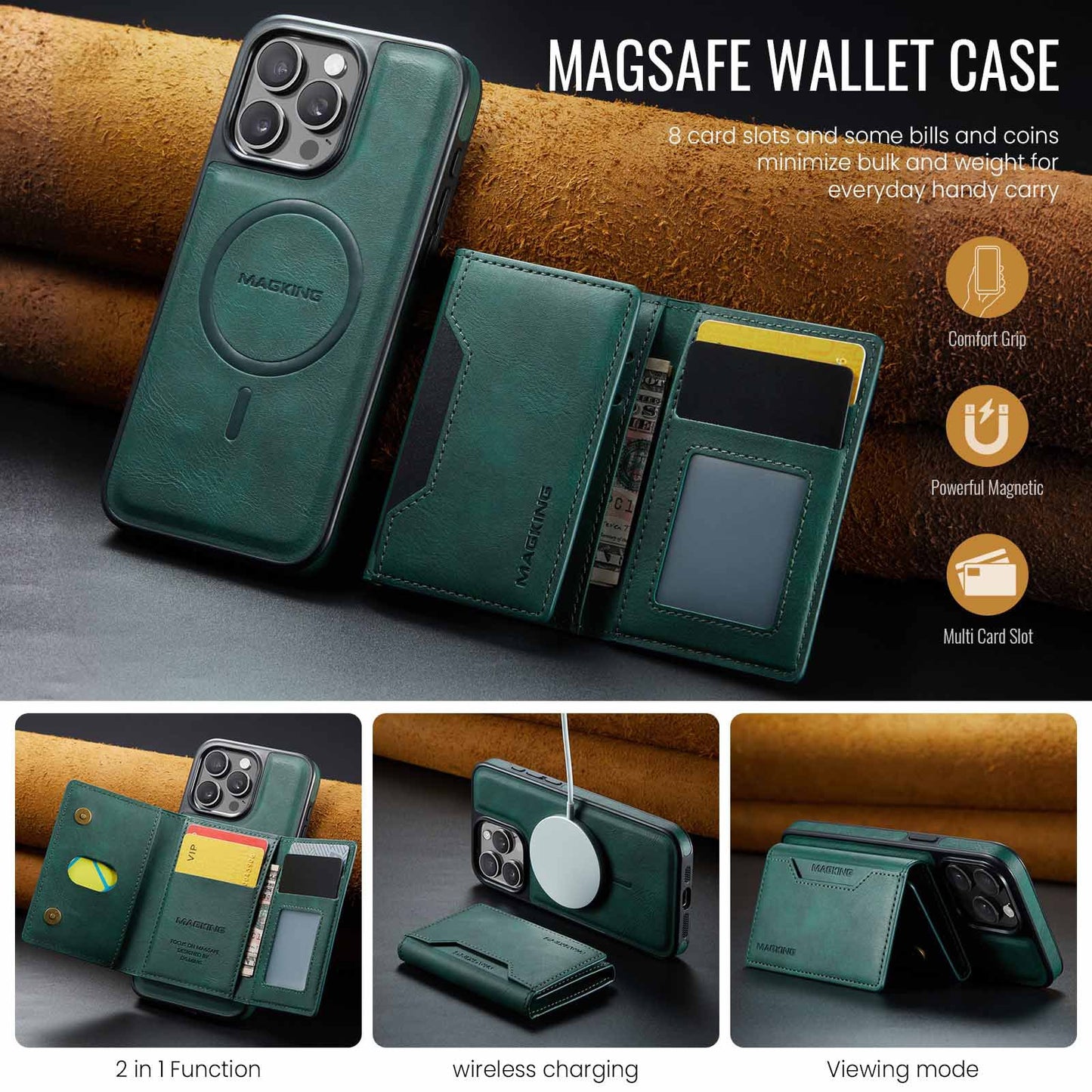 Green Premium MagSafe Wallet Case for iPhone 16 Pro Max - Detachable PU Leather Magnetic Card Holder