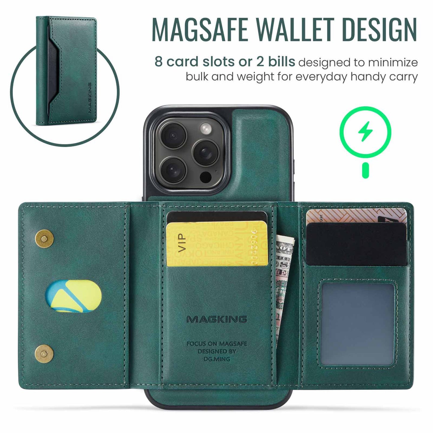 Green Premium MagSafe Wallet Case for iPhone 16 Pro Max - Detachable PU Leather Magnetic Card Holder