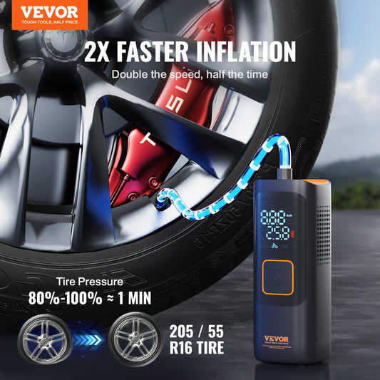 VEVOR Tire Inflator Portable Air Compressor, 7800mAh 3.7V Battery Electric Air Pump, 2X Faster 160PSI Cordless Smart Air Pump with LCD Pressure Gauge, LED Light for Cars, E-Bikes, Motorcycles, Balls