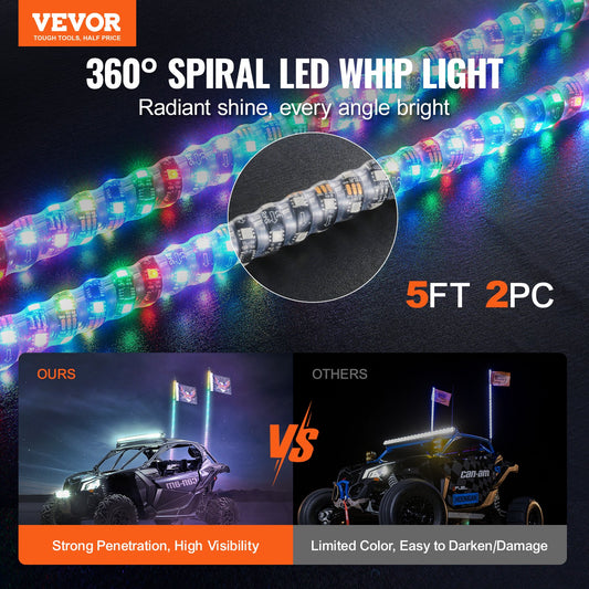VEVOR 2 PCS 5 FT Whip Light, APP & RF Remote Control Led Whip Light, Waterproof Spiral RGB Chasing Lighted Whips with 4 Flags, for UTVs, ATVs, Motorcycles, RZR, Can-am, Trucks, Off-road, Go-karts