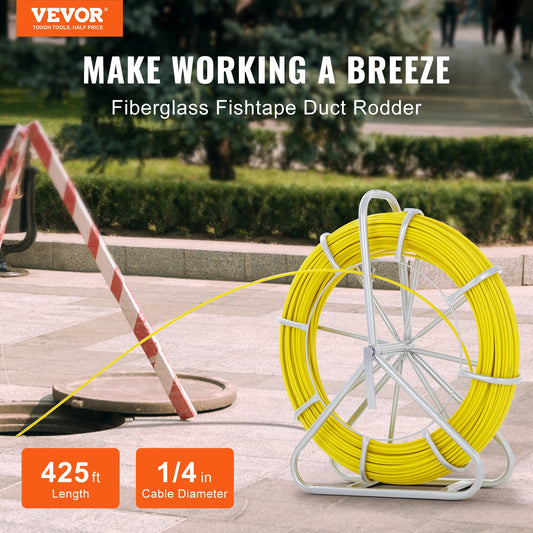 VEVOR Tape Fiberglass, 129.5 m, 6.35 mm, Duct Rodder Wire Puller, Cable Running Rod with Steel Reel Stand, 3 Pulling Heads, reach Tools for Walls and Electrical Conduit, Non-Conductive