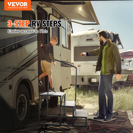 VEVOR RV Steps, 3-Step RV Stairs, 199.58KGS Load Capacity, Thickened Carbon Steel, With Handrail, Non-Slip Steps for Safe Entry and Exit, Suit for RV, Trailer, Camper Steps