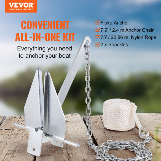 VEVOR Fluke Anchor 8.5 LBS Galvanized Steel Boat Anchor Chain Rop Two Shackles