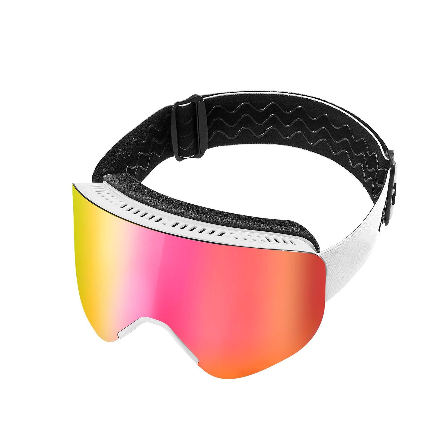 Frameless Ski Goggles, Magnet Cylindrical Lens with Pink Revo Coating, OTG Anti fog Snow Goggles for Men Women Youth, TPU Frame & Ventilation Structure, Fit for Skiing, Skating, Snowboarding