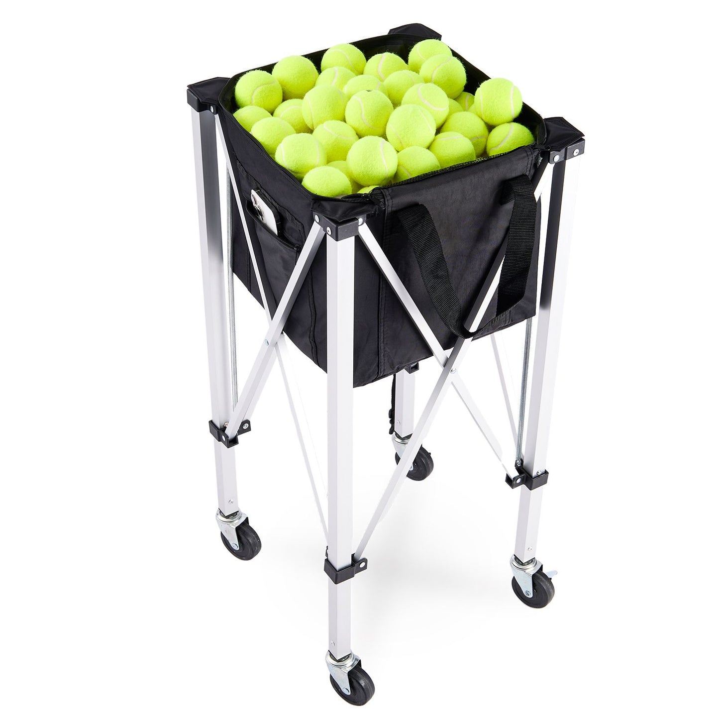 Foldable Tennis Ball Hopper, Holds 150 Tennis Balls, Lightweight Aluminum Alloy Tennis Ball Basket Cart with Wheels, Removable Bag, Carry Bag, Portable Sports Teaching Cart for Tennis Player