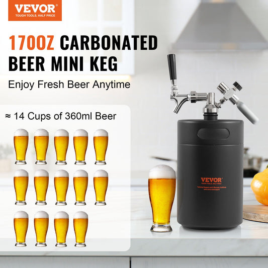 VEVOR Beer Growler Tap System, 5L Mini Keg, 304 Stainless Steel Pressurized Beer Growler, Keg Growler with Pressure Display, CO2 Regulator Faucet, Leak-Proof Ring For Draft, Homebrew, Craft Beer