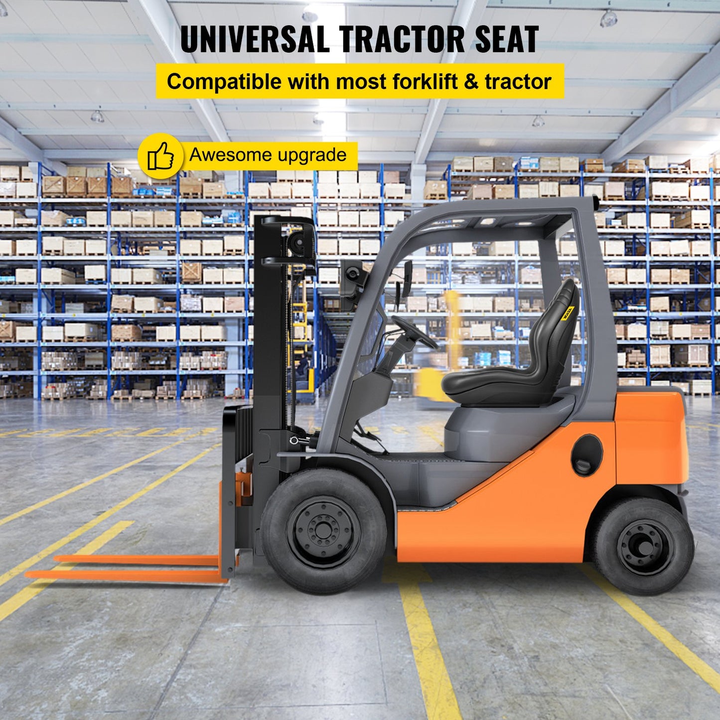 VEVOR Universal Lawn Tractor Seat Replacement, Compact High Back Mower Seat, Black Vinyl Forklift Seat, Central Drain Hole Skid Steer Seat with Mounting Bolt Patterns of 8" x 11.5" & 11.25" x 11.5"