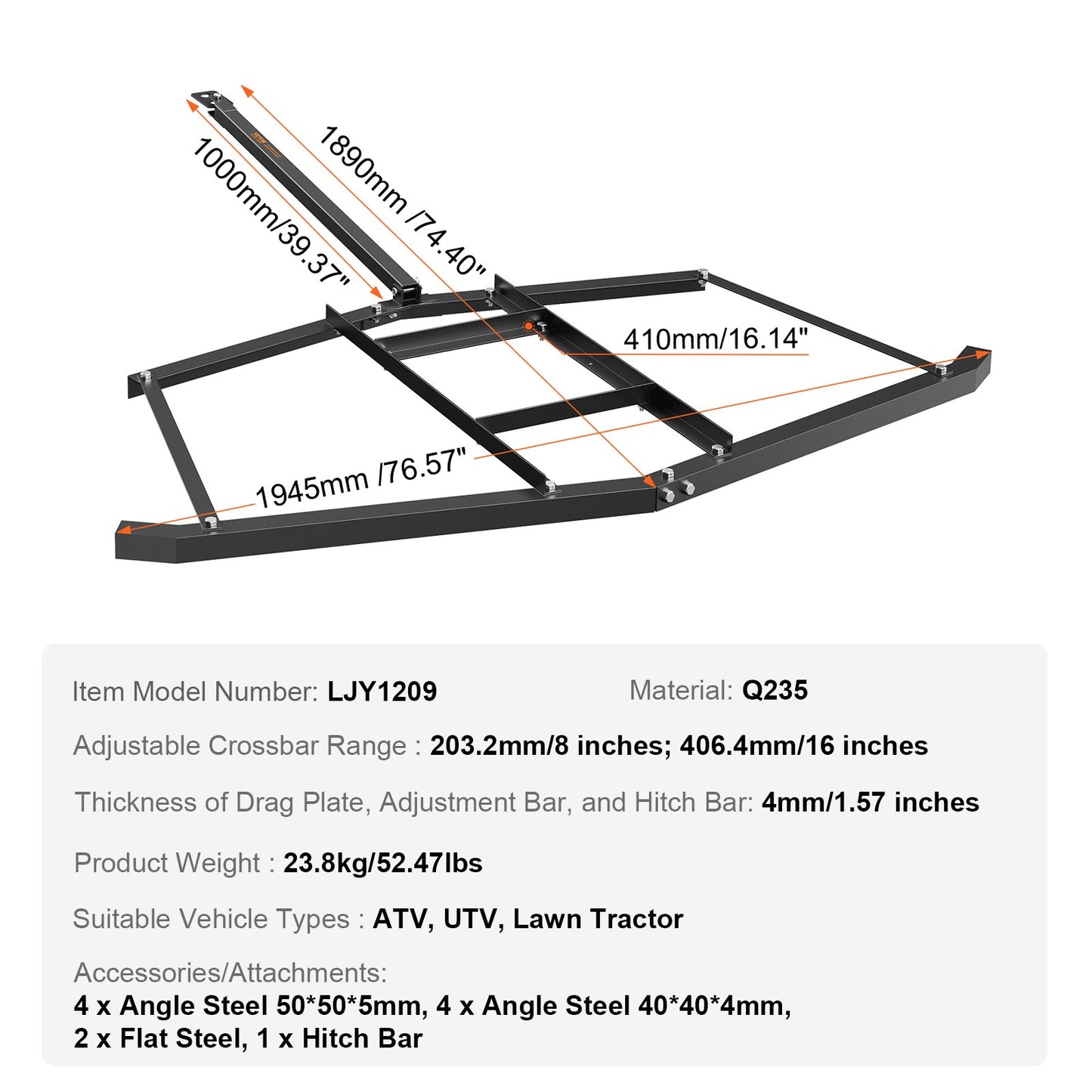 VEVOR Driveway Drag, 76.57" Width Tow Behind Drag Harrow, Q235 Steel Driveway Grader with Adjustable Bars, Support up to 50 lbs, Driveway Tractor Harrow for ATVs, UTVs, Garden Lawn Tractors