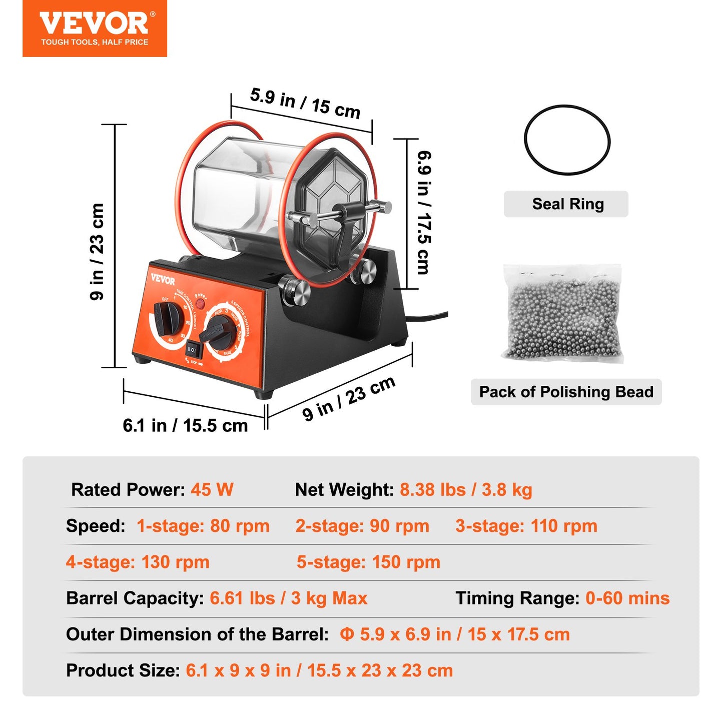 VEVOR 3kg Rotary Tumbler Surface Polisher Jewelry Polish Finish Machine Gem DIY