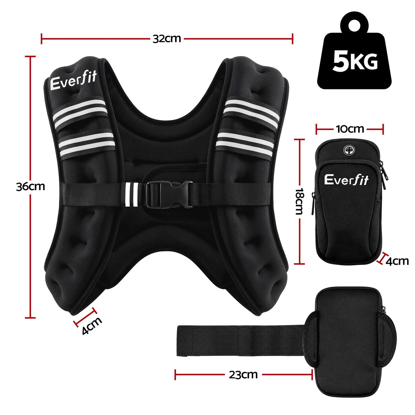 Everfit 5kg Weighted Vest Men Women, Reflective Running Vest with Armband Pouch
