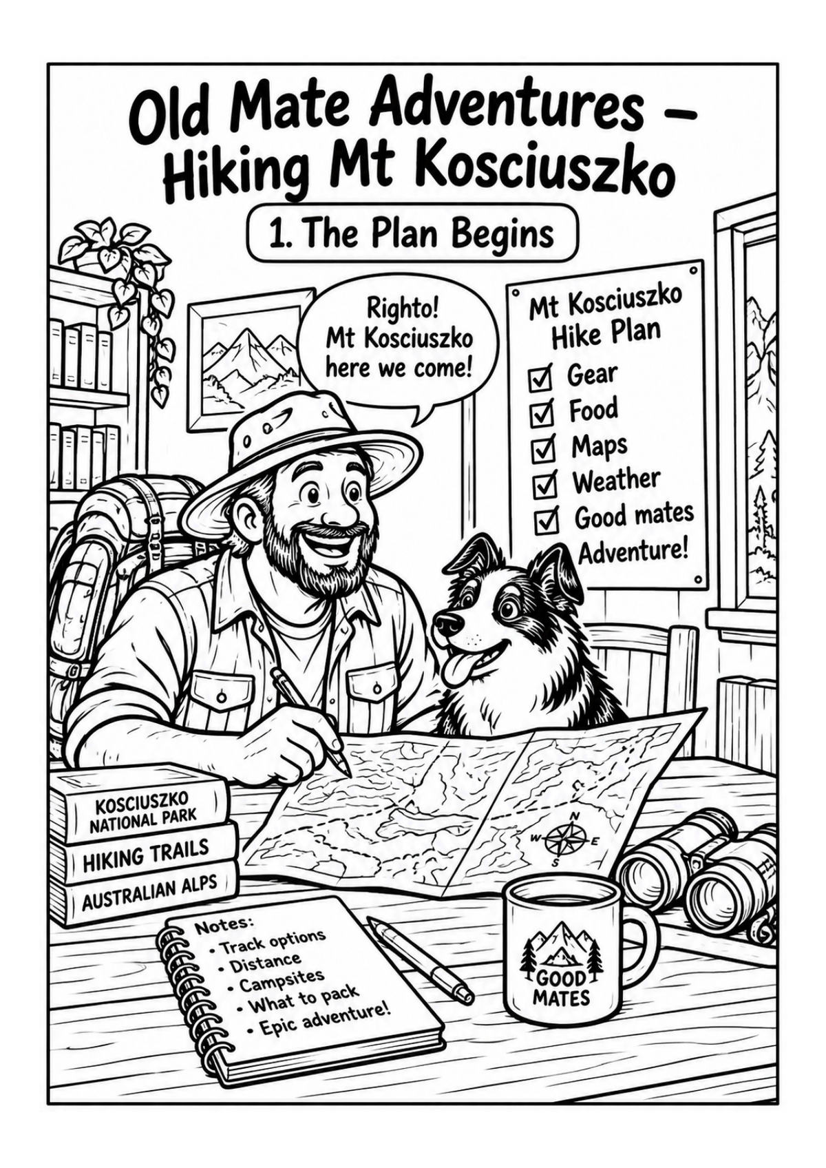 Old Mate Adventures Hiking Mt Kosciuszko colouring book