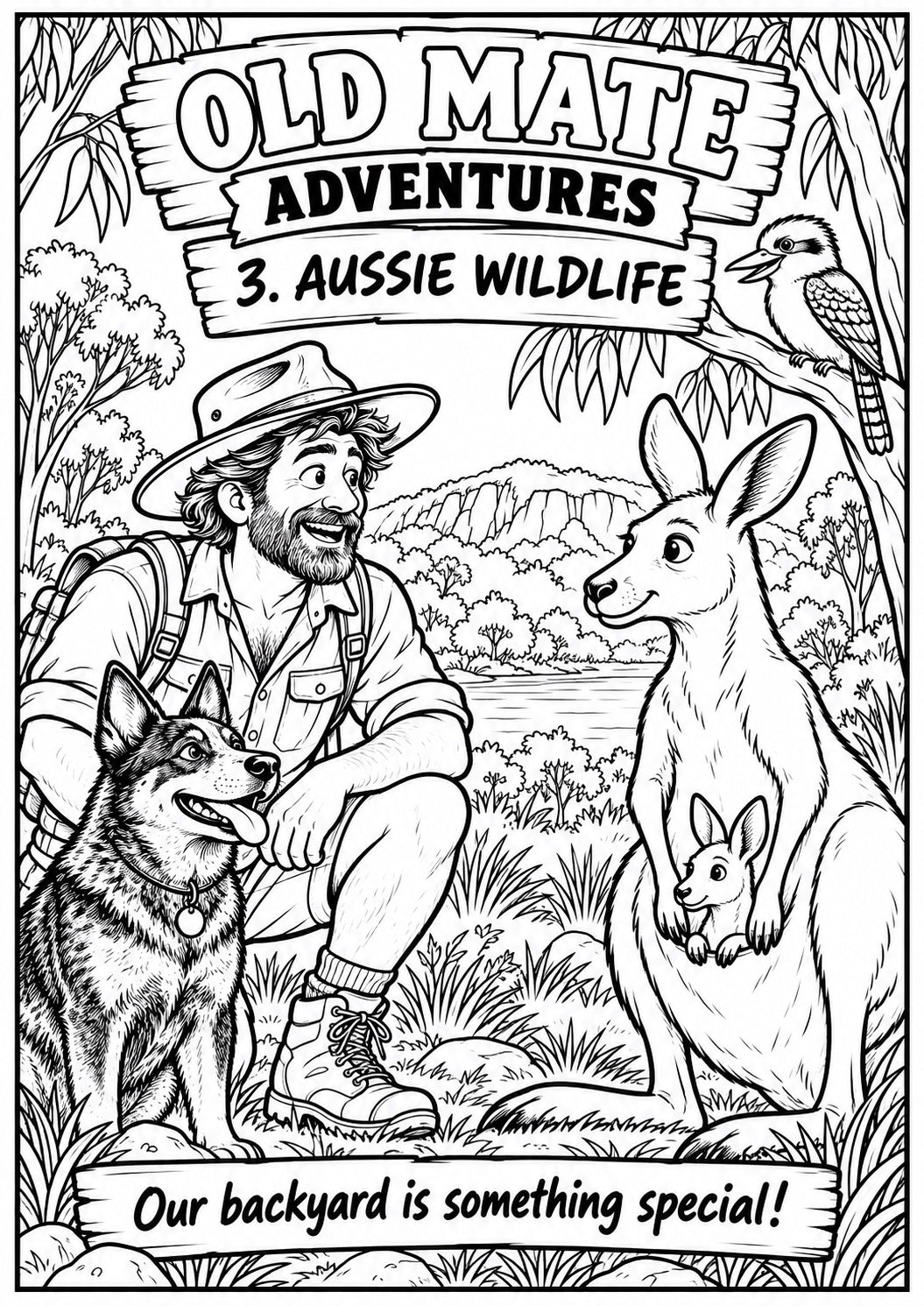 Old Mate Adventures Aussie Wildlife colour-your-own T-shirt artwork