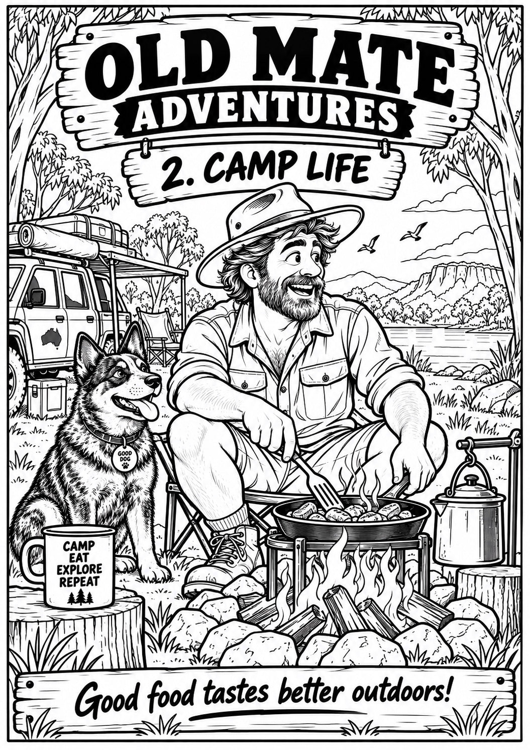 Old Mate Adventures Camp Life colour-your-own T-shirt artwork