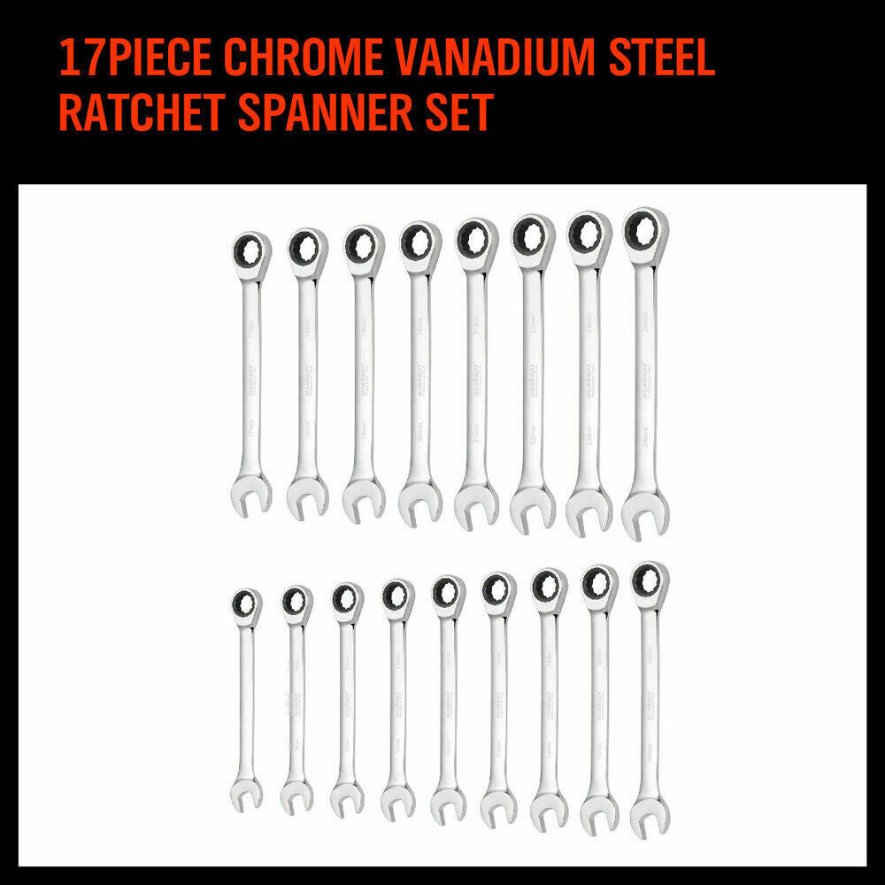 17Pc Ratchet Spanner Set Metric Combination Wrenches Open End Ring CR-V 8-24mm tools