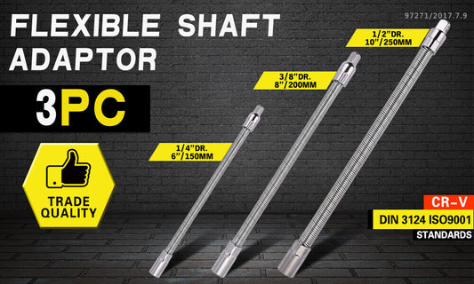 3PC Flexible Socket Extension Bars Shaft Set 1/2" 1/4" 3/8" Drive 10" 8" 6" Long. -tools