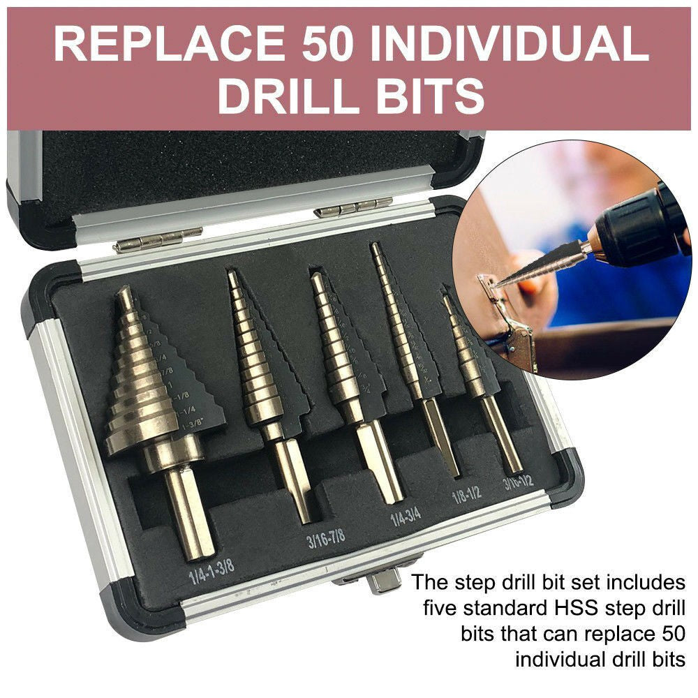 5PCS HSS Step Steel Cone Drill Titanium Bits Set Kit Hole Cutter + Aluminum Case
