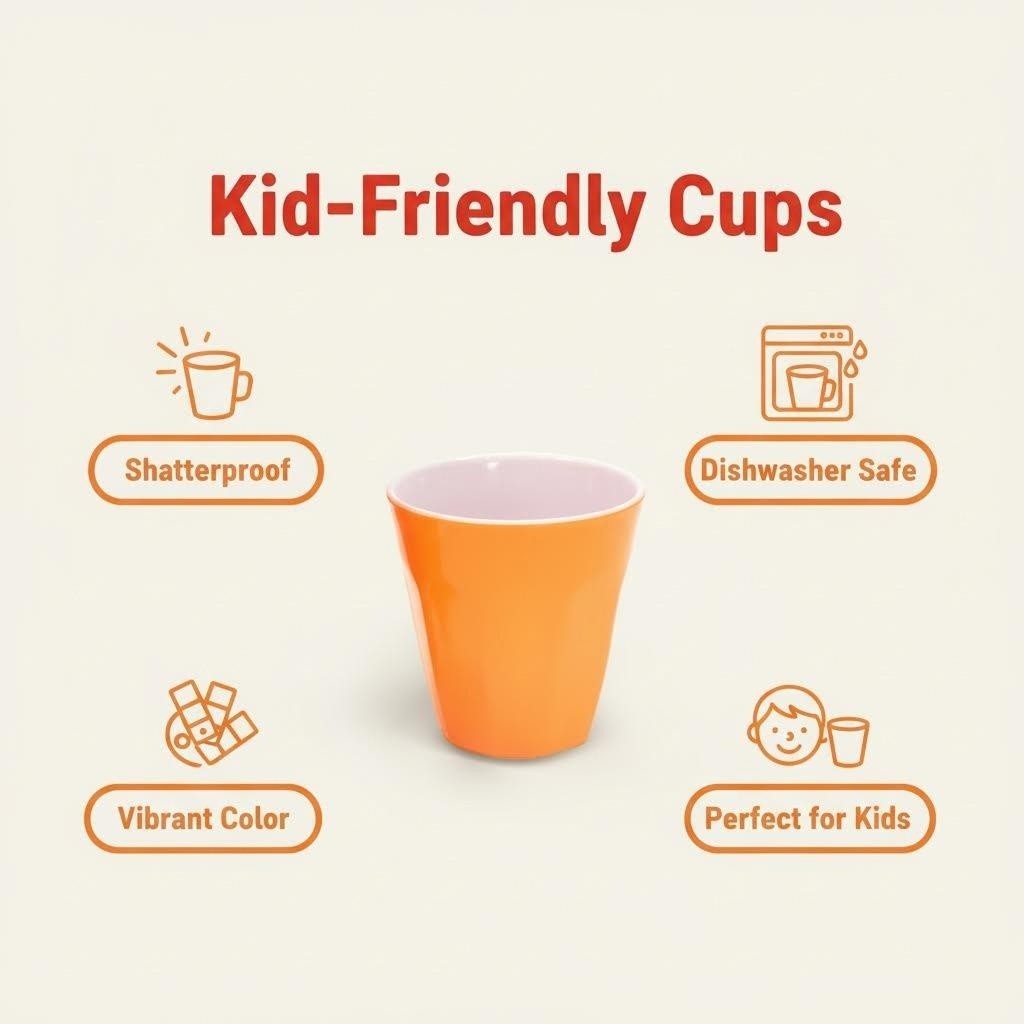 300ML Melamine Cups, Set of 6 in Orange Shatter-Proof Dishwasher Safe
