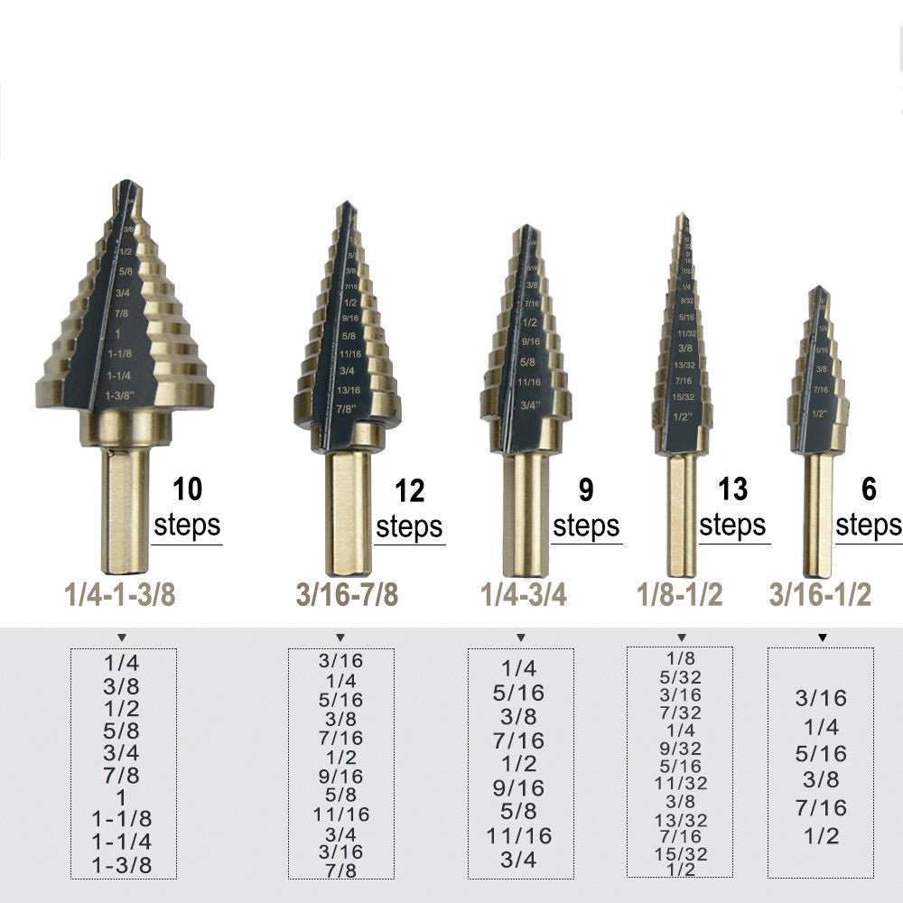 5PCS HSS Step Steel Cone Drill Titanium Bits Set Kit Hole Cutter + Aluminum Case