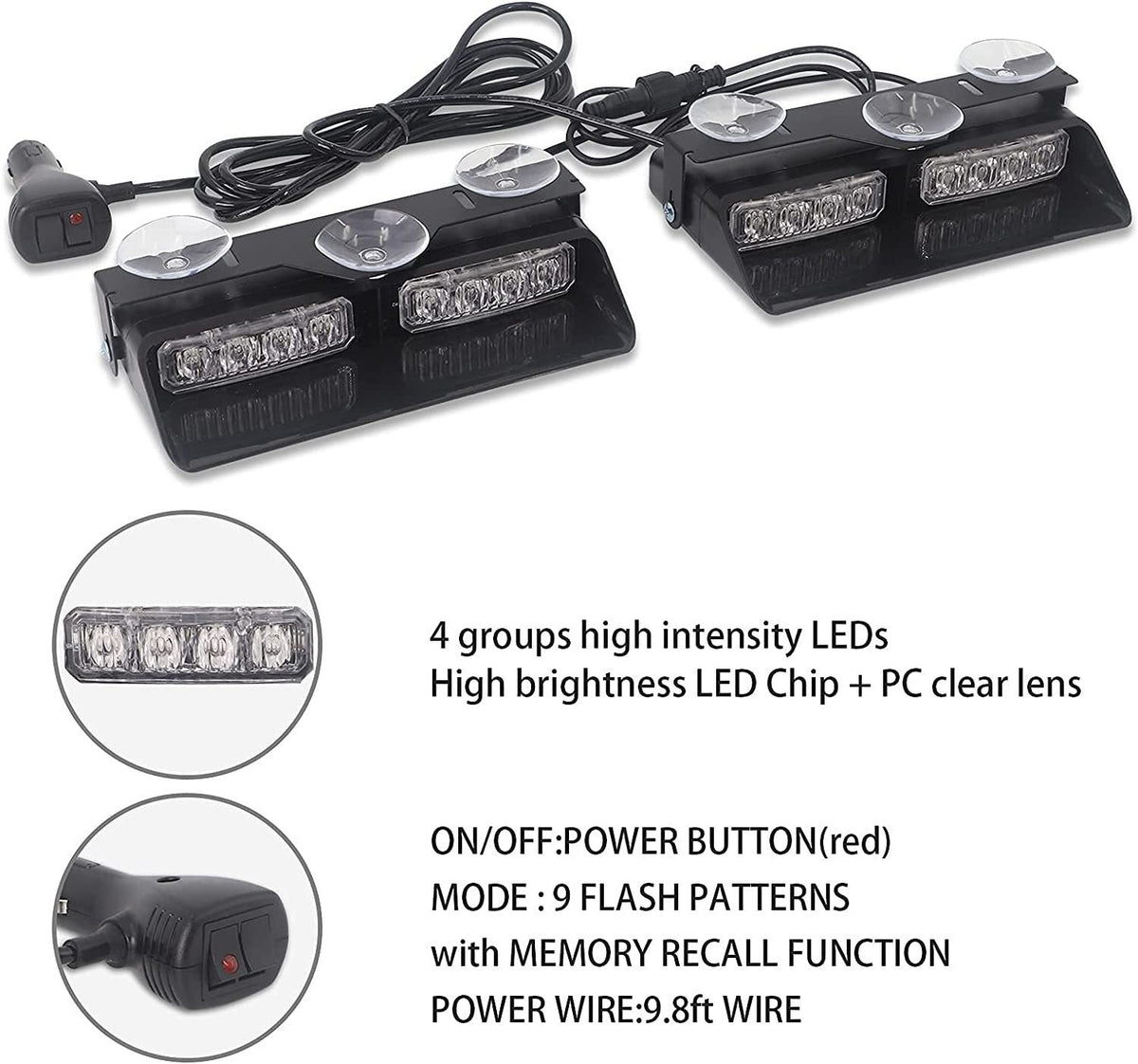 12V 2 in 1 Emergency Dash Strobe Lights Interior Windshield Amber White Warning