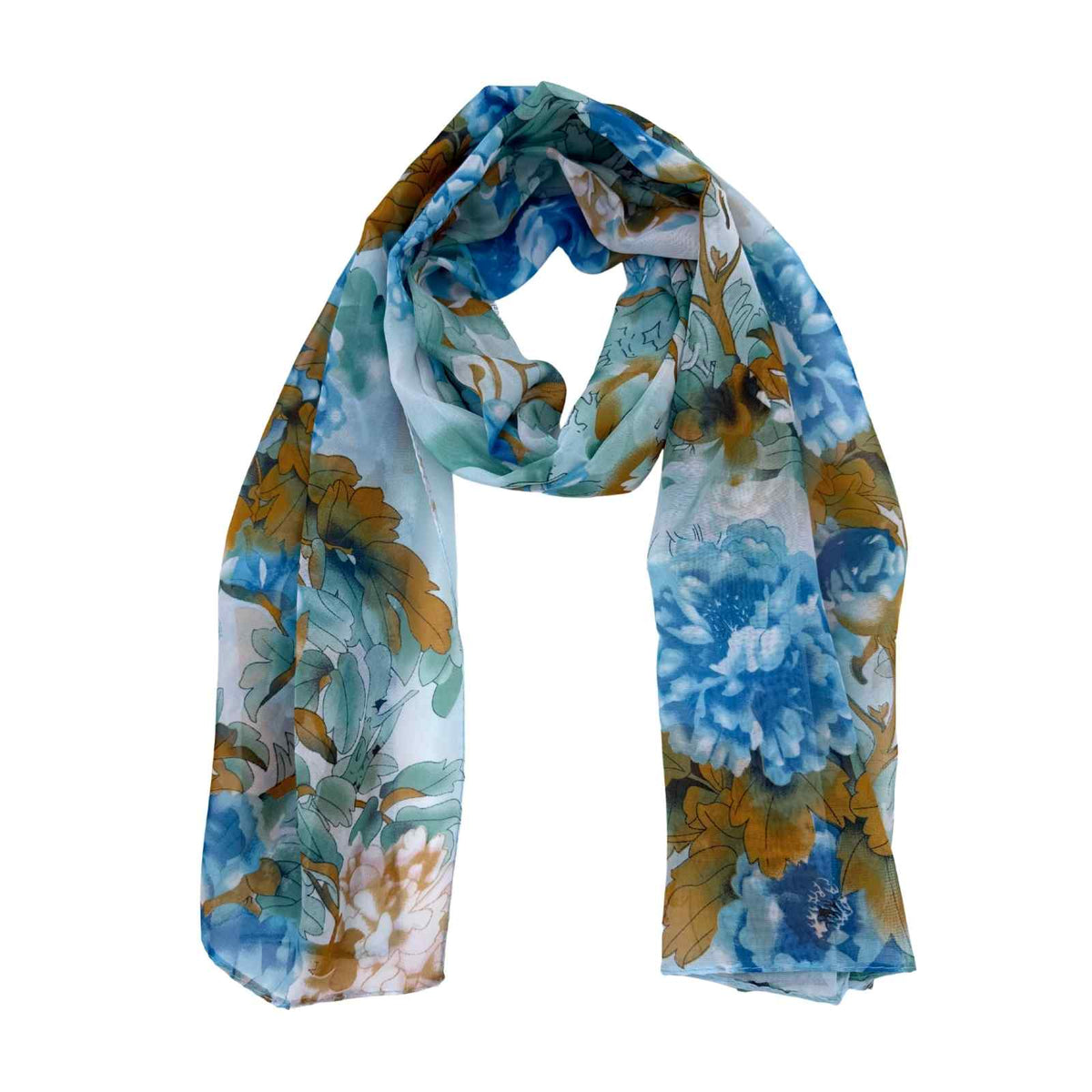Jacaru 1694 Chiffon Scarf - Turquoise, Brown & Aqua Flowers
