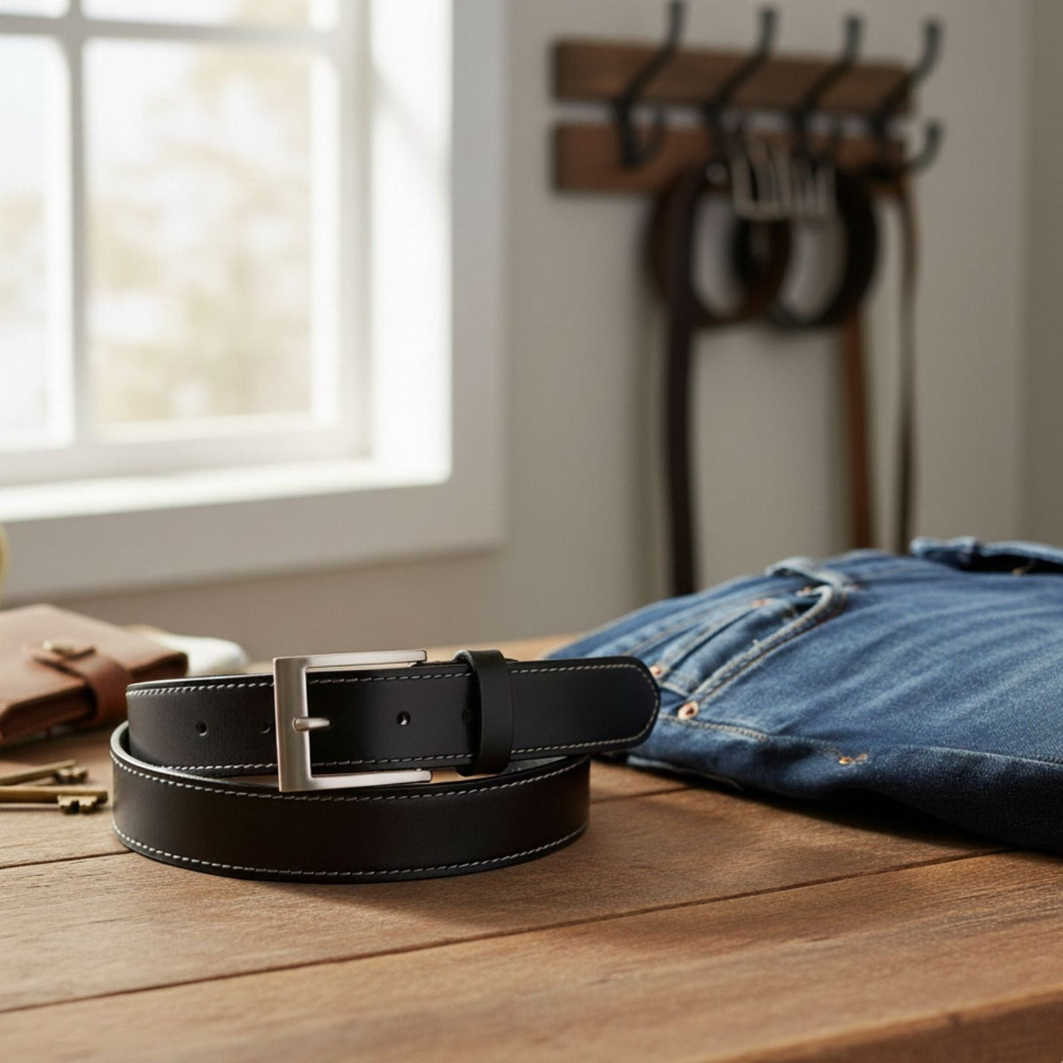 Jacaru 6014 Stitched Leather Belt Black 35mm